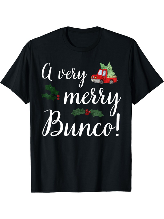 Men's Graphic T-Shirt A Very Merry Bunco Red Truck With Christmas Tree And Holly Leaves Bunco