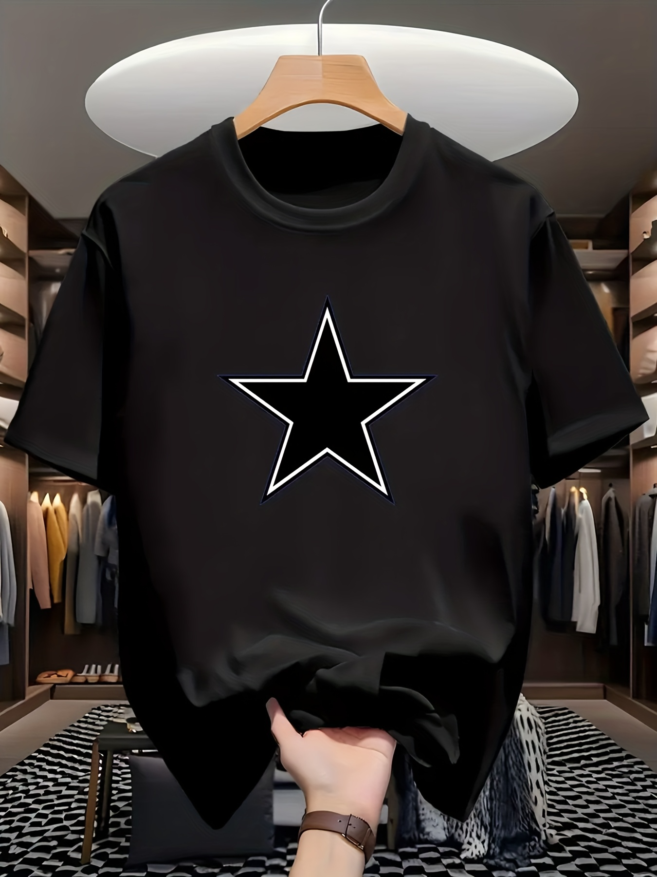 Men's Graphic T-Shirt Minimalist Modern Outline Star Motif On Plain Black Fabric Star