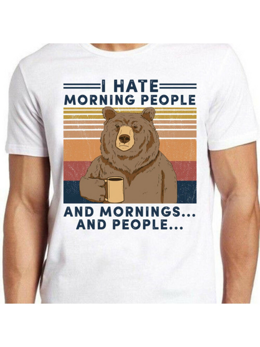 Men's Graphic T-Shirt I Hate Morning People With Retro Stripes And Coffee Holding Bear