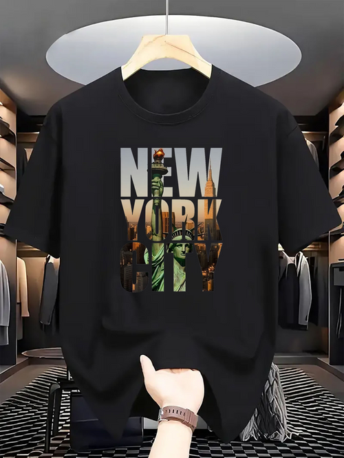 Men's Graphic T-Shirt New York Statue Of Liberty And City Lights Skyline