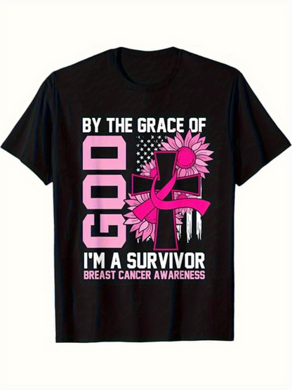 Men's Graphic T-Shirt By The Grace Of God Pink Ribbon Floral Cross With United States Flag