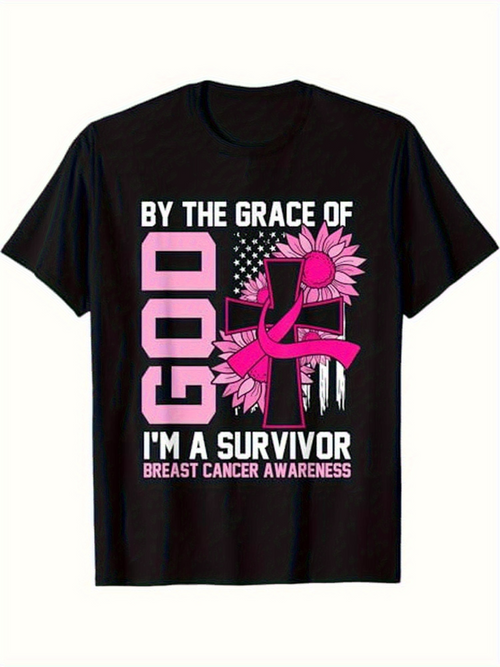 Men's Graphic T-Shirt By The Grace Of God Pink Ribbon Floral Cross With United States Flag