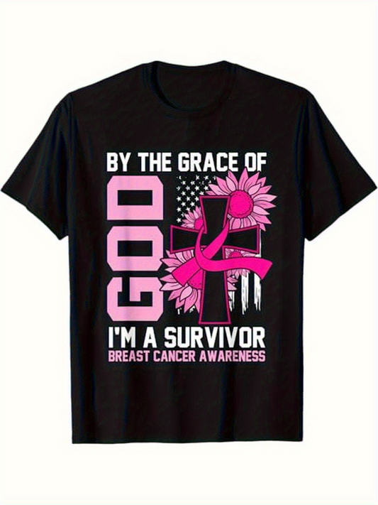 Men's Graphic T-Shirt By The Grace Of God Pink Ribbon Floral Cross With United States Flag