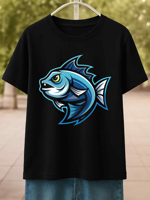 Men's Graphic T-Shirt Vivid Blue Waves Surrounding Bold Majestic Cartoon Fish