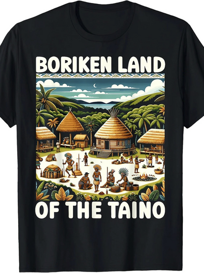 Men's Graphic T-Shirt Boriken Land With Tribal Village Huts Under Lush Green Mountains Taino