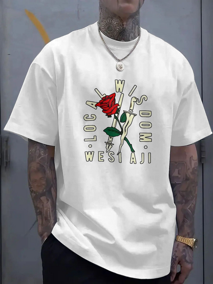 Men's Graphic T-Shirt Local Wisdom West Aji With Red Rose Surrounded By Green Stems