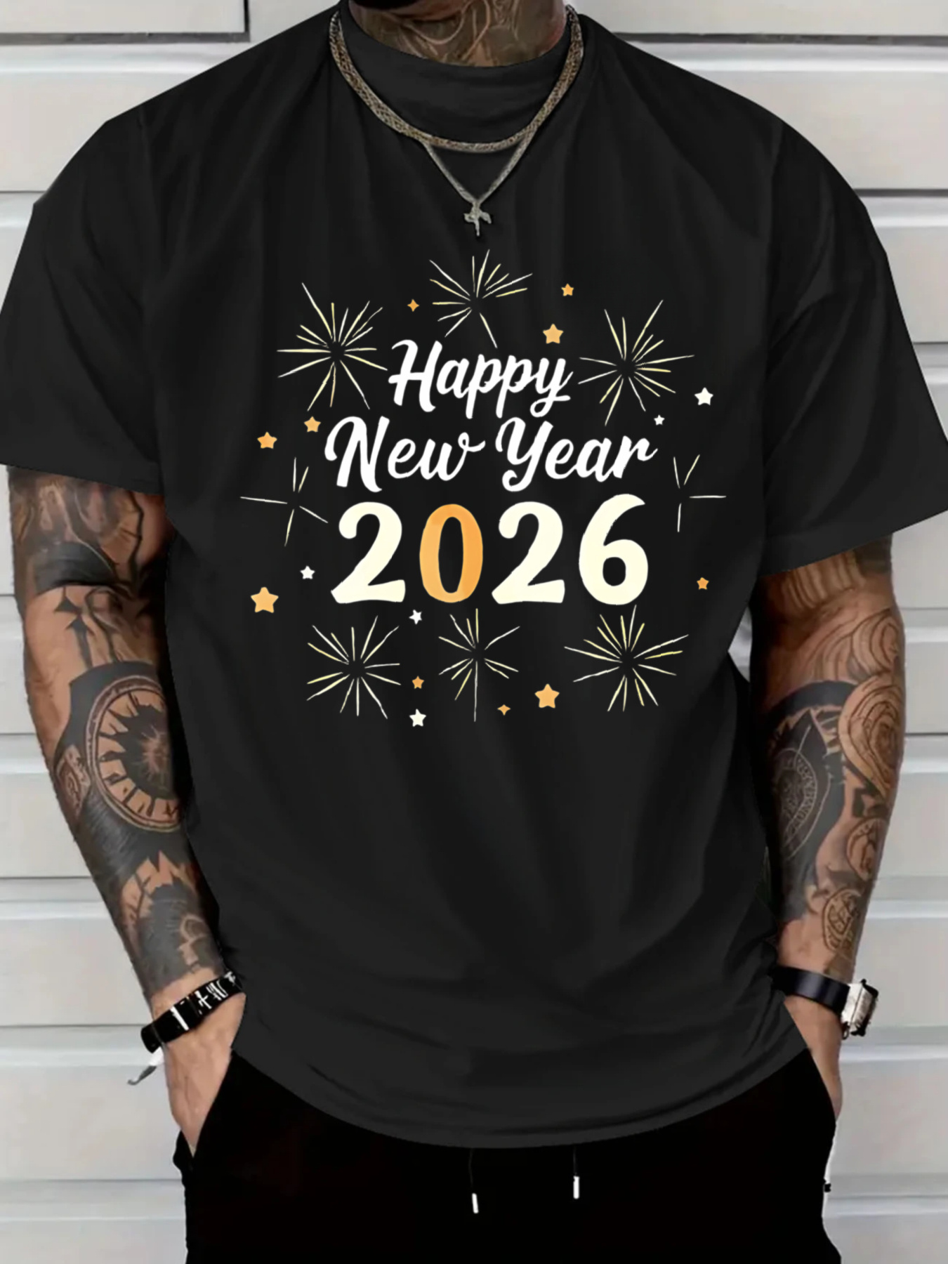 Men's Graphic T-Shirt Happy New Year Festive Fireworks With Stars Shining Around Celebration 2026