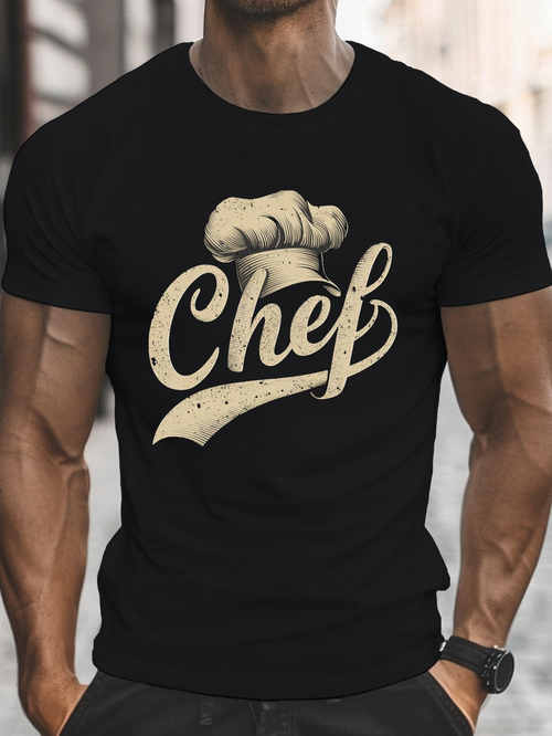 Men's Graphic T-Shirt Chef Script Lettering With Traditional White Hat Chef