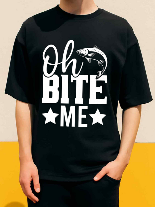 Men's Graphic T-Shirt Oh Bite Me Jumping Fish Over Block Letters T Shirt