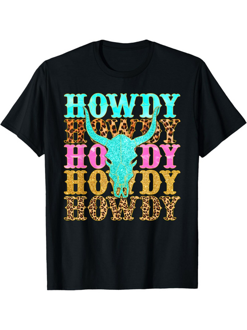 Men's Graphic T-Shirt Howdy Colorful Western Print With Bull Skull And Repeating Words