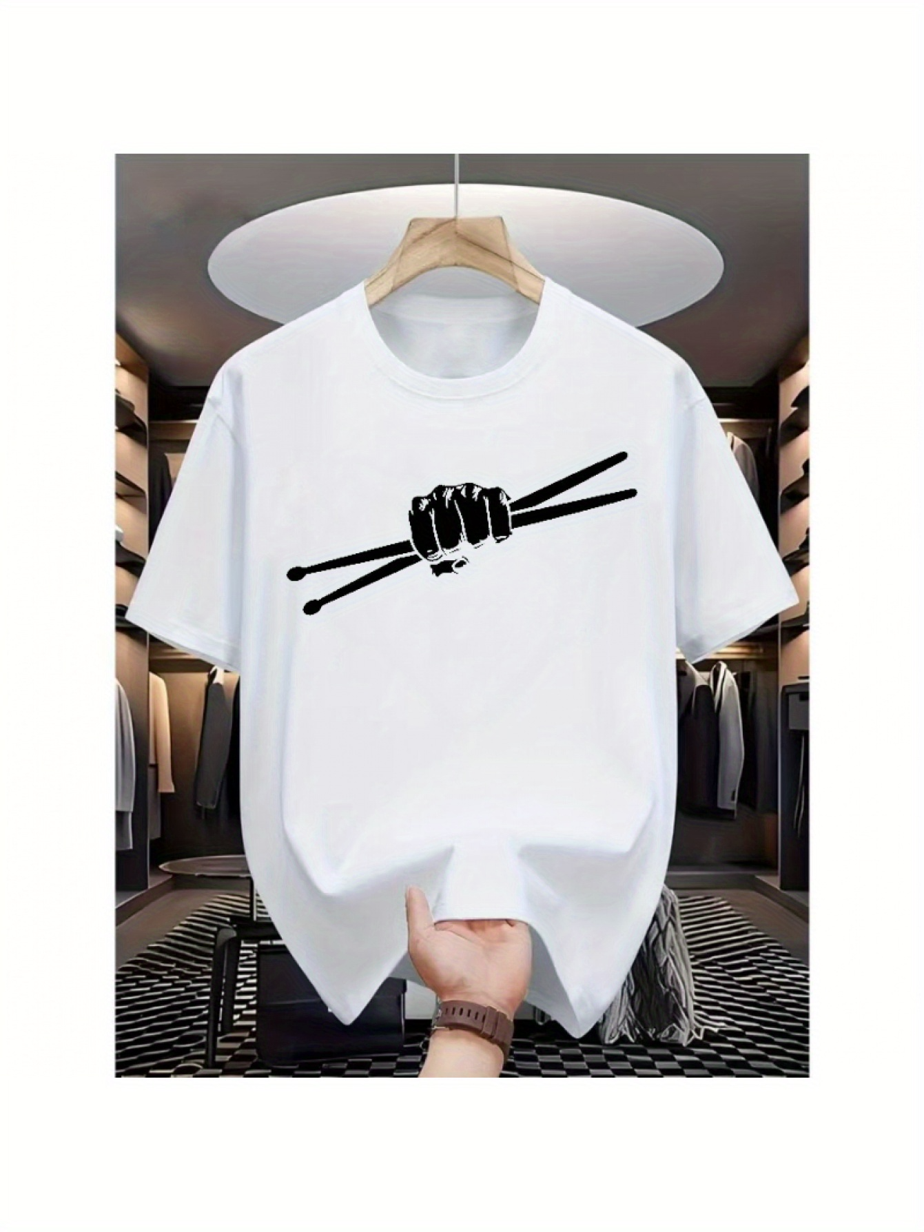 Men's Graphic T-Shirt Strong Hand Holding Drumsticks Graphic On White T Shirt