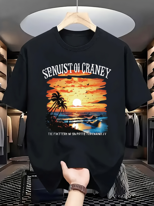 Men's Graphic T-Shirt Sequest Of Craney Shimmering Sunset Reflections With Palm Trees And Seabirds Over Ocean Beach