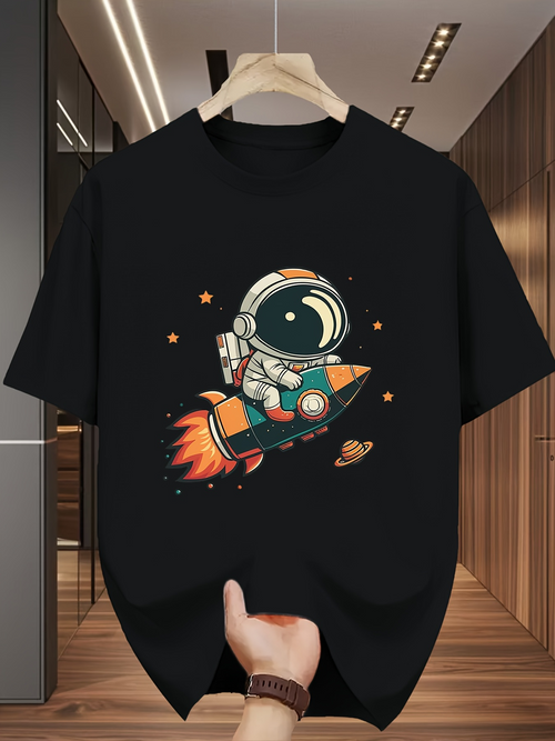 Men's Graphic T-Shirt Colorful Planets And Stars Surrounding A Happy Cartoon Astronaut On Spaceship