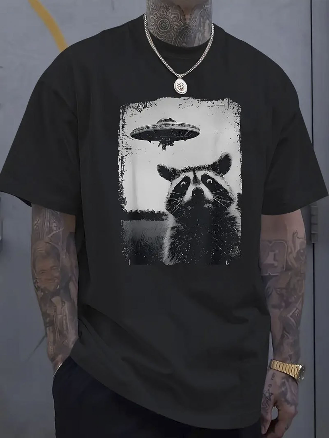 Men's Graphic T-Shirt Mysterious Forest Encounter With A UFO Hovering Above Curious Raccoon