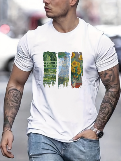 Men's Graphic T-Shirt Vivid Nature Brushstrokes With Sunflowers And Flowing Green Landscape
