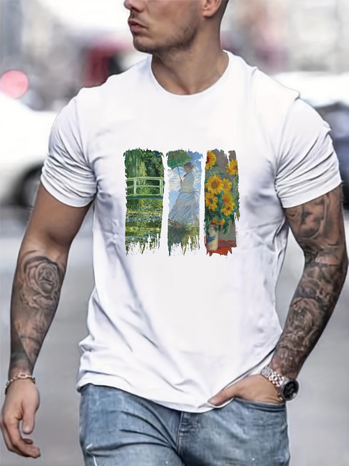 Men's Graphic T-Shirt Vivid Nature Brushstrokes With Sunflowers And Flowing Green Landscape