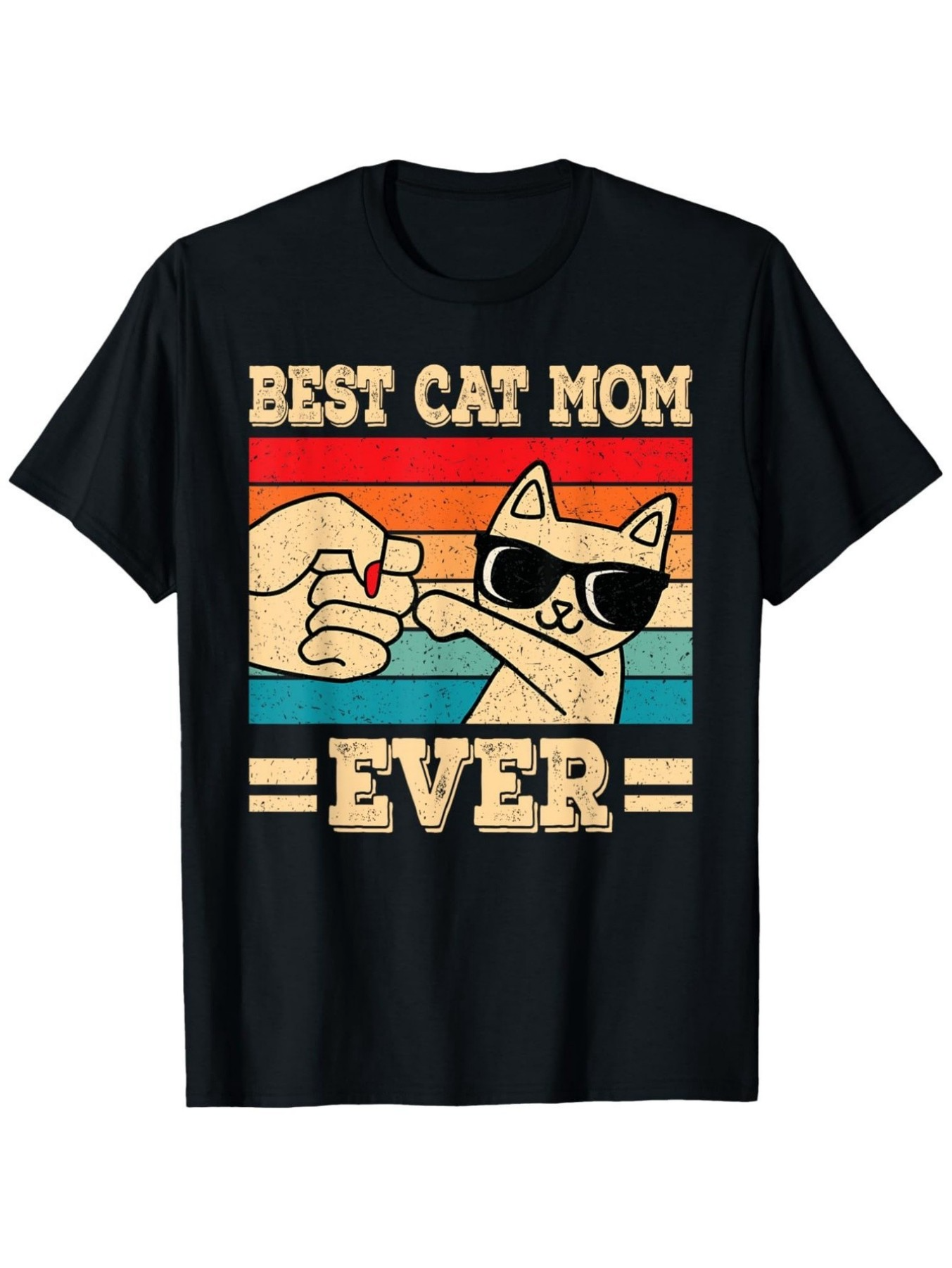 Men's Graphic T-Shirt Best Cat Mom Ever With Sunglasses Cat And Colorful Striped Sunset