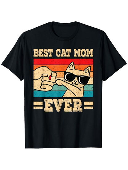 Men's Graphic T-Shirt Best Cat Mom Ever With Sunglasses Cat And Colorful Striped Sunset