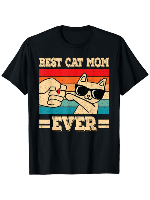 Men's Graphic T-Shirt Best Cat Mom Ever With Sunglasses Cat And Colorful Striped Sunset