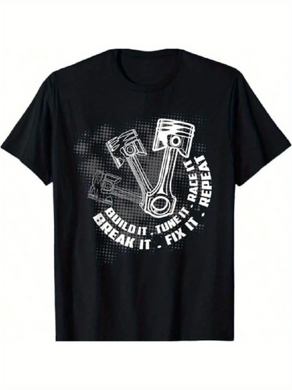 Men's Graphic T-Shirt Build It Tune It Race It Fix It Among Metallic Engine Pistons
