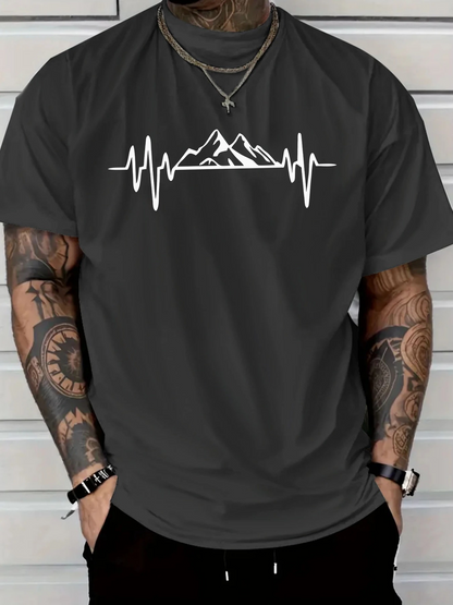 Men's Graphic T-Shirt Heartbeat Rhythm With Mountain Peaks Under Clear Sky Silhouette