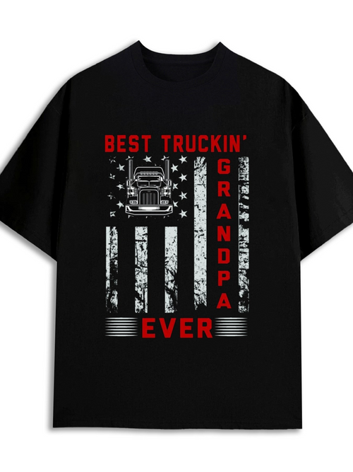 Men's Graphic T-Shirt Best Truckin Grandpa Ever With Worn American Flag And Big Truck