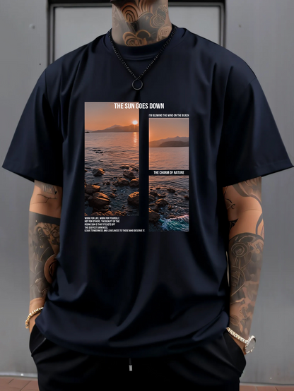 Men's Graphic T-Shirt The Sunrise Dawn With Calm Ocean Rocks And Shimmering Water View