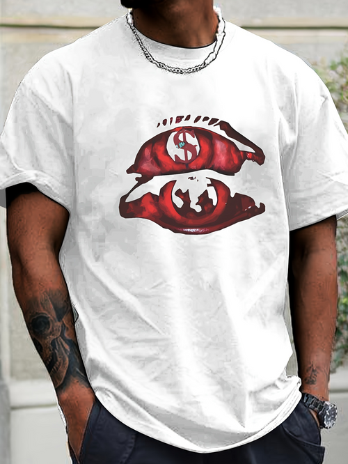 Men's Graphic T-Shirt Red Lips With Grunge Art Dollar And Globe Motif