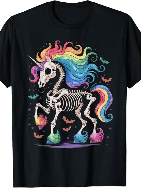 Men's Graphic T-Shirt Rainbow Mane Skeleton Unicorn Surrounded By Colorful Bats Under Magical Night Sky Unicorn