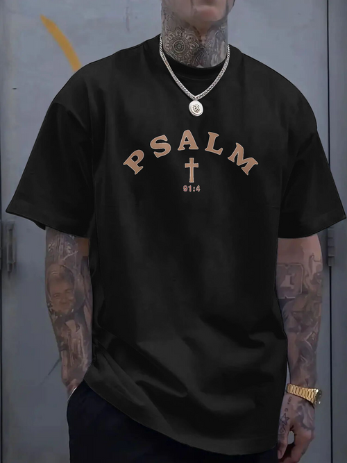 Men's Graphic T-Shirt Psalm Lettering With Centered Cross And Minimal Graphic Tee