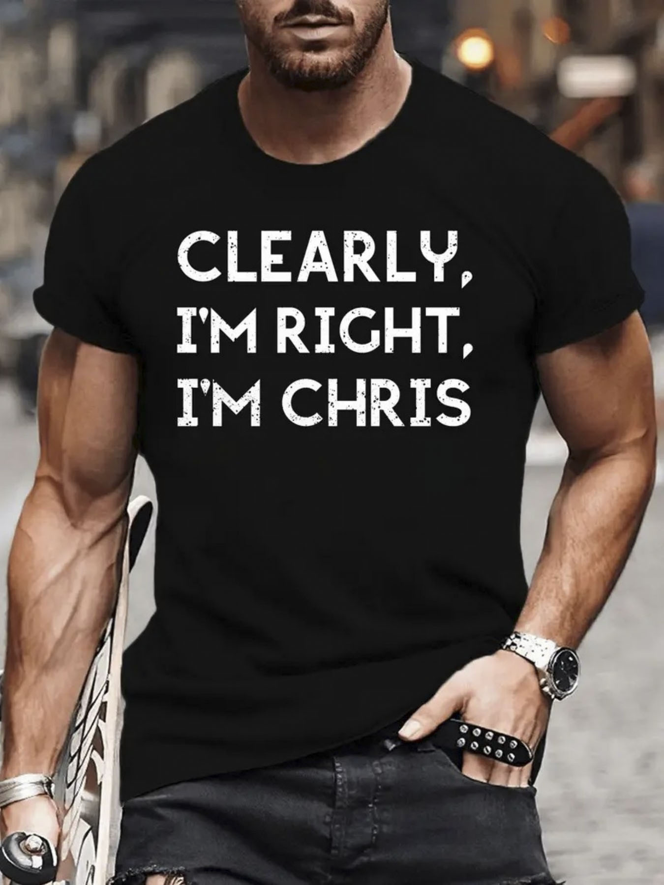 Men's Graphic T-Shirt Clearly Im Right Im Chris Minimal Statement Text Black Tee