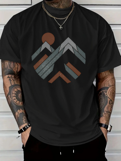 Men's Graphic T-Shirt Retro Striped Geometric Peaks With Warm Earthy Colors Mountain