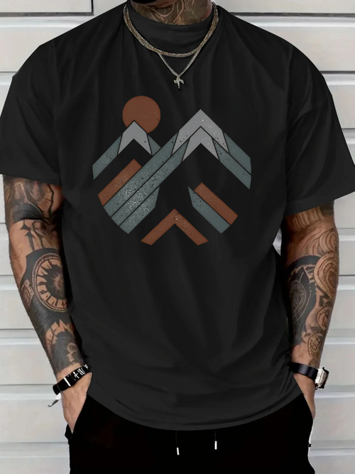 Men's Graphic T-Shirt Retro Striped Geometric Peaks With Warm Earthy Colors Mountain