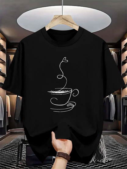 Men's Graphic T-Shirt Minimalist White Line Artwork With Heart Shaped Steam Curling Over Coffee Cup