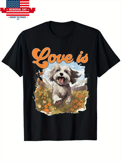 Men's Graphic T-Shirt Love Is Happy White Dog Running In Flower Field