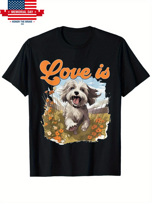 Men's Graphic T-Shirt Love Is Happy White Dog Running In Flower Field