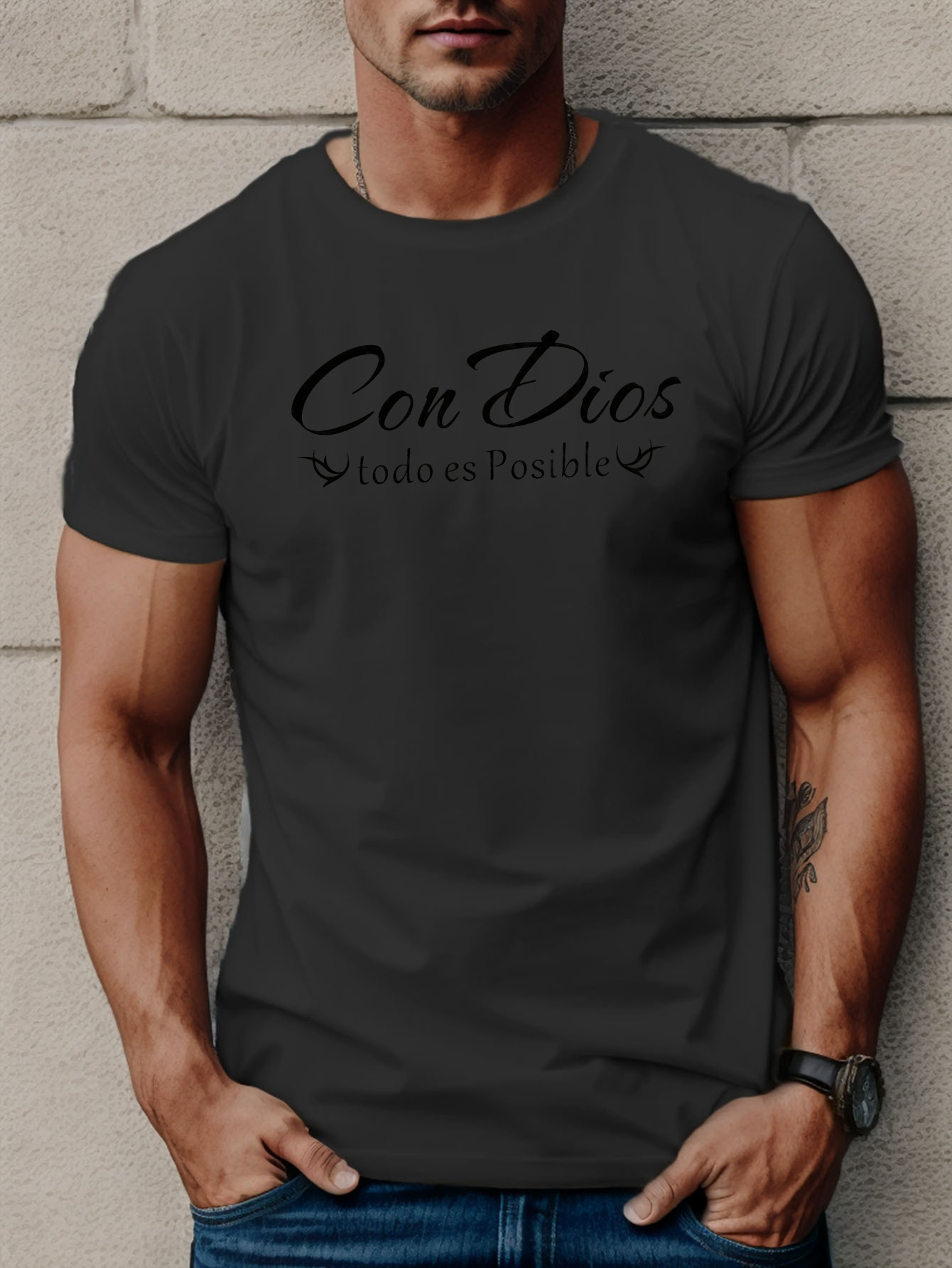 Men's Graphic T-Shirt Con Dios Cursive Script With Small Decorative Wings Above Letters T Shirt