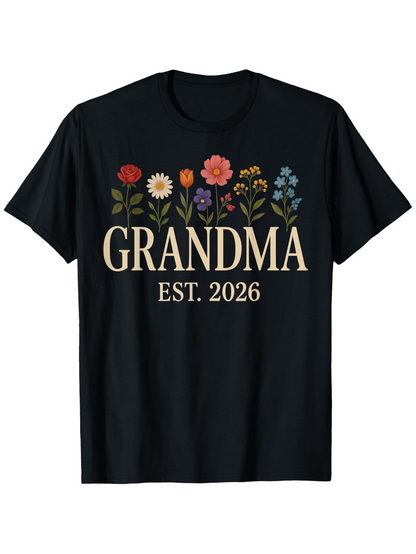 Men's Graphic T-Shirt Grandma Est 2026 Colorful Blossoms Above Decorative Flowers