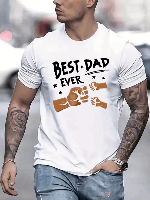 Men's Graphic T-Shirt Best Dad Ever Bold Lettering With Brown Fist Bump Surrounded By Stars