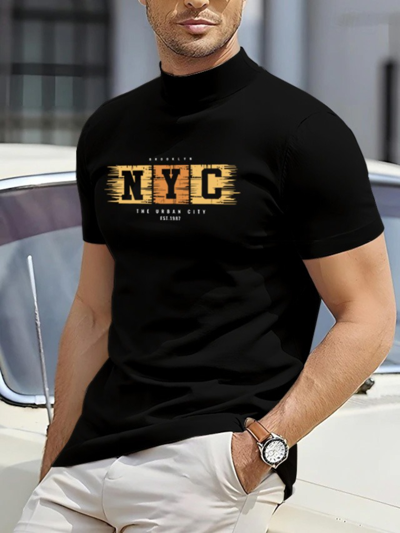 Men's Graphic T-Shirt NYC Urban Nights With Painted Wood Texture Effect Letters