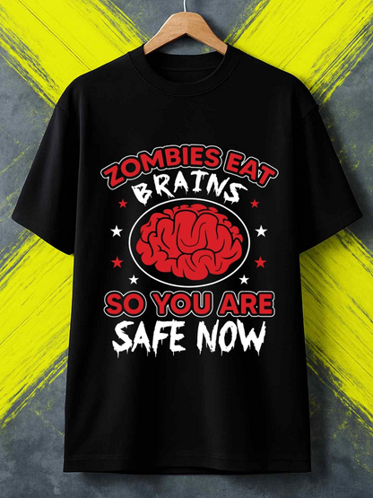 Men's Graphic T-Shirt Zombies Eat Brains Red Cartoon Illustration With Stars And Lettering Brain