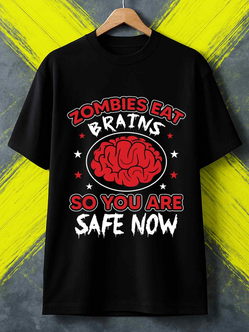 Men's Graphic T-Shirt Zombies Eat Brains Red Cartoon Illustration With Stars And Lettering Brain