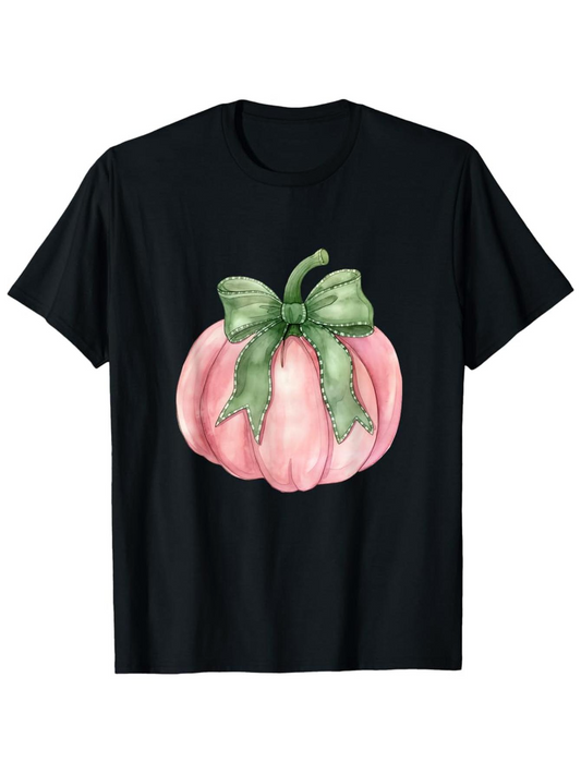 Men's Graphic T-Shirt Hand Painted Pink Pumpkin With Large Green Bow Pumpkin