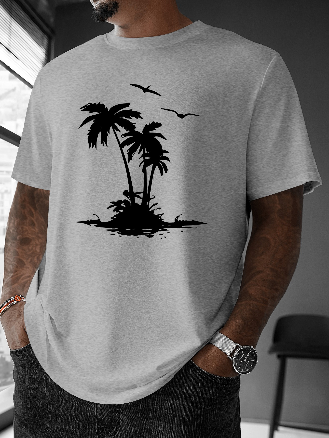 Men's Graphic T-Shirt Calm Tropical Island With Palm Trees And Flying Seabirds Sunset Beach