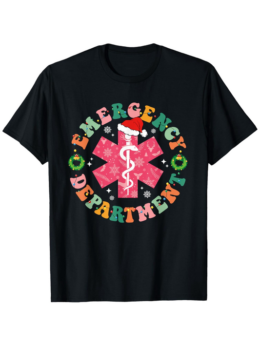 Men's Graphic T-Shirt Emergency Department Festive Snowflakes With Santa Hat Medical Symbol