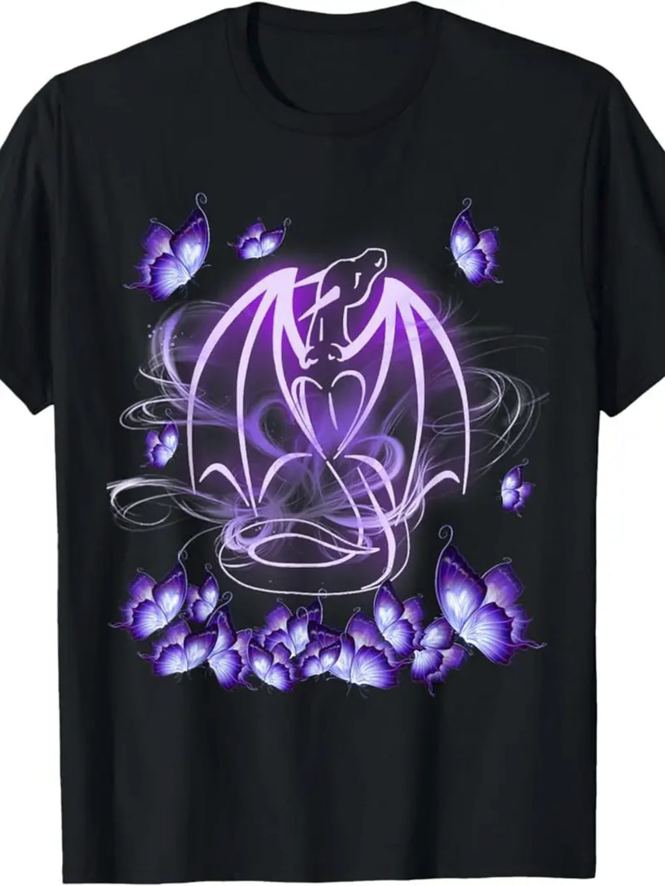 Men's Graphic T-Shirt Glowing Lavender Butterflies With Spiraling Mist Around A Mystical Dragon