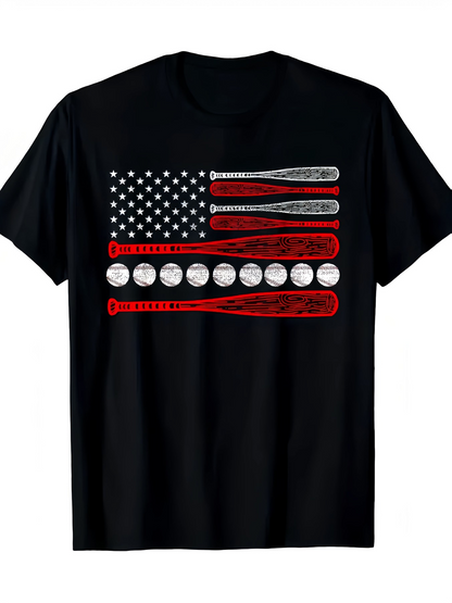 Men's Graphic T-Shirt Vintage American Flag With Baseball Bats And Nine White Baseballs On Black Shirt