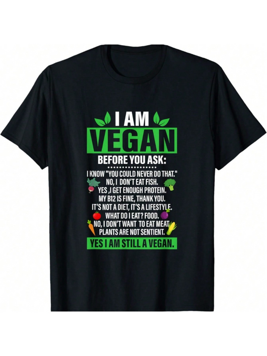 Men's Graphic T-Shirt I Am Vegan Colorful Lettering With Leaf Icons Black T Shirt