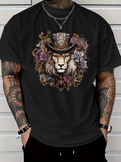 Men's Graphic T-Shirt Victorian Flowers And Clockwork Gears Surrounding A Regal Lion