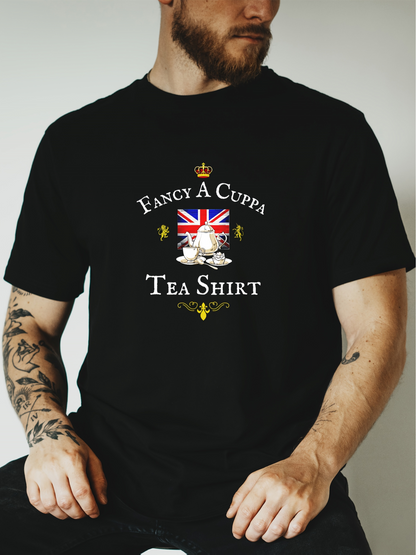 Men's Graphic T-Shirt Fancy A Cuppa British Flag With Golden Crown And Teacup Under Text